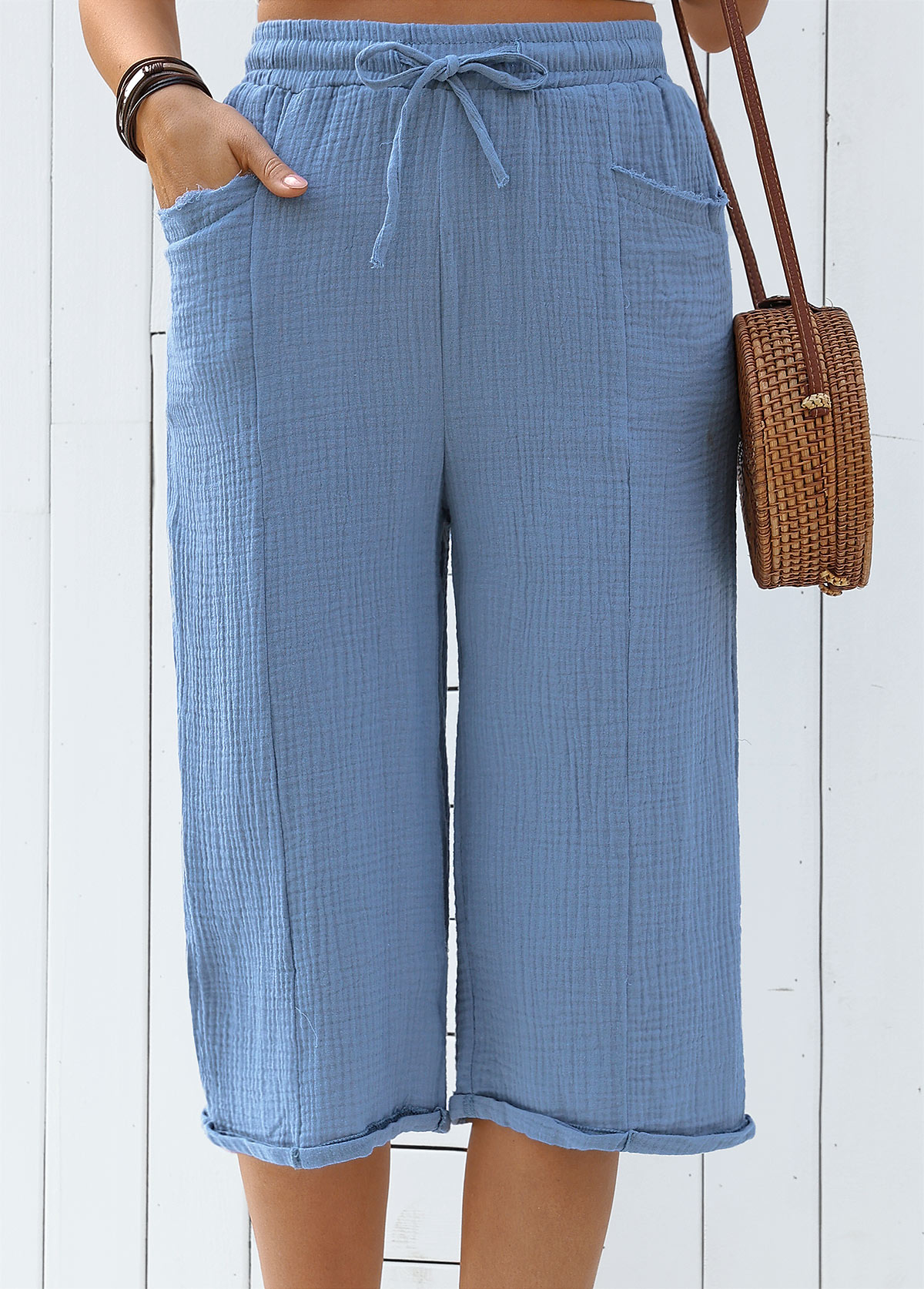 Dusty Blue Soft Straight Leg Elastic Waist Pants | picture 