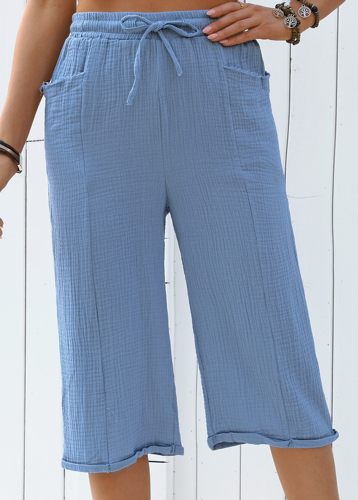 Dusty Blue Soft Straight Leg Elastic Waist Pants | picture 