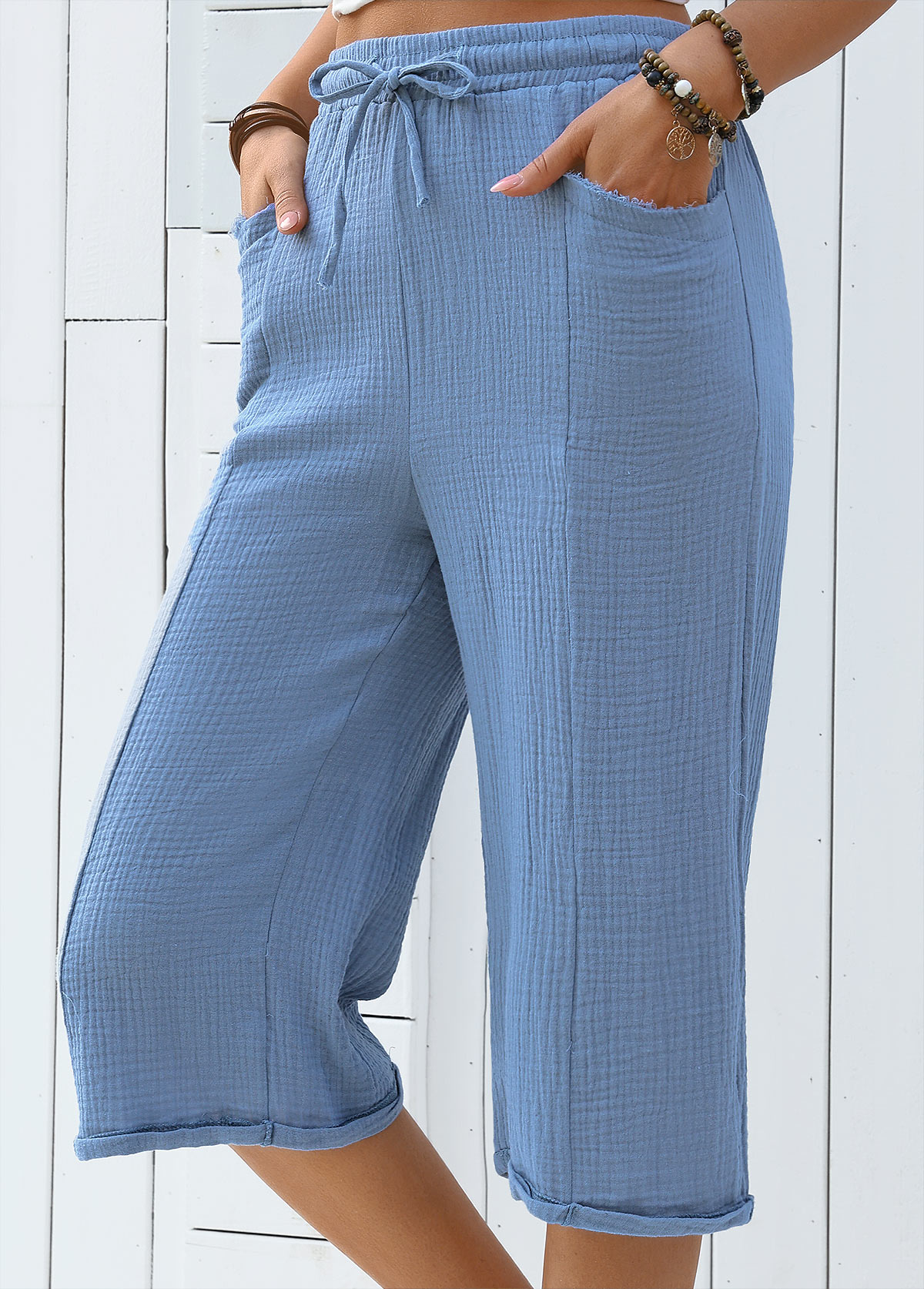 Dusty Blue Soft Straight Leg Elastic Waist Pants | picture 