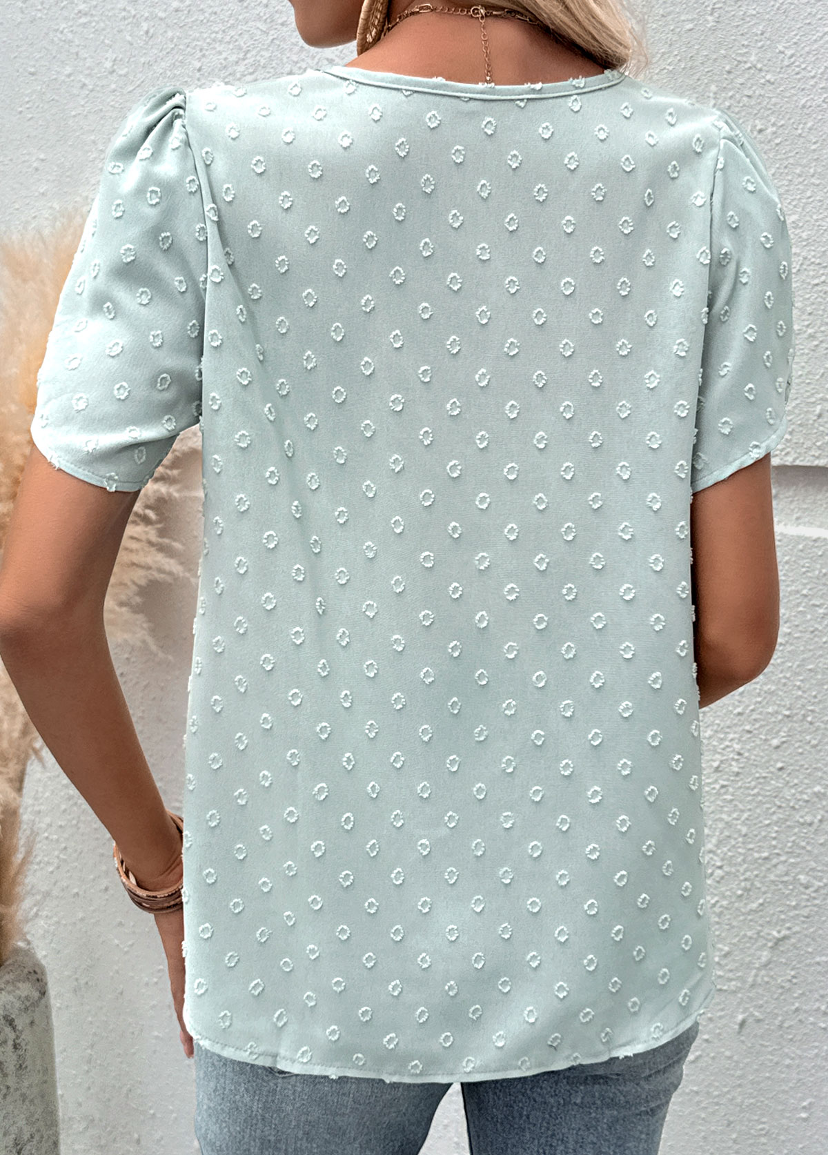 Mint Green Tummy Coverage Short Sleeve V Neck Blouse | picture 