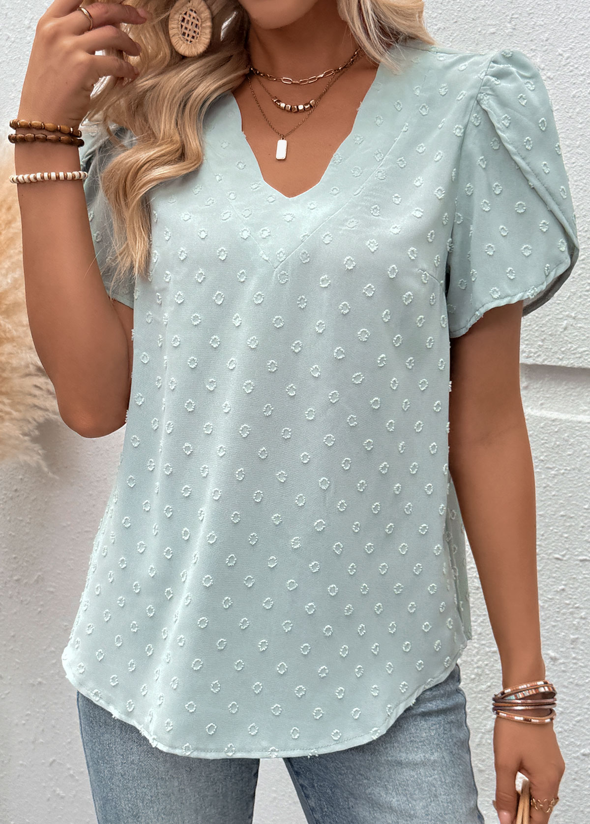 Mint Green Tummy Coverage Short Sleeve V Neck Blouse | picture 