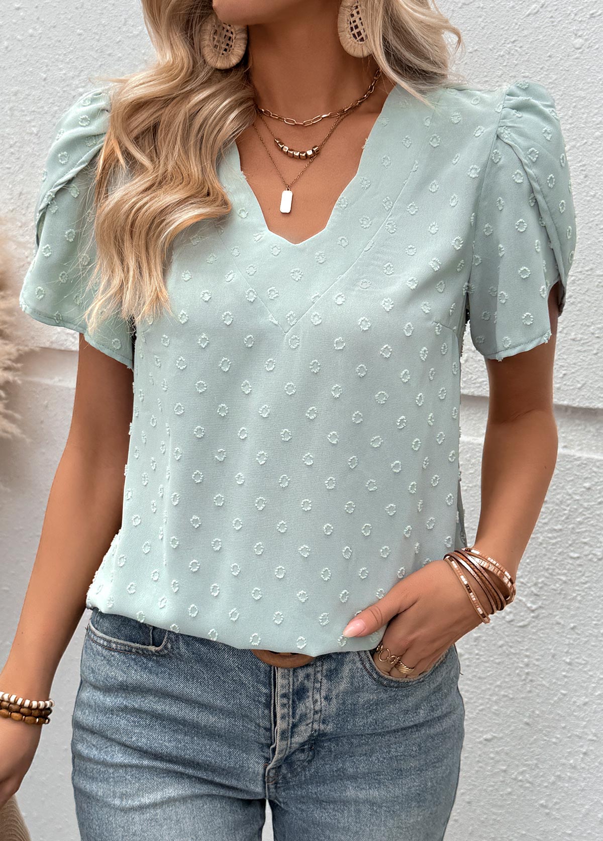 Mint Green Tummy Coverage Short Sleeve V Neck Blouse | picture 