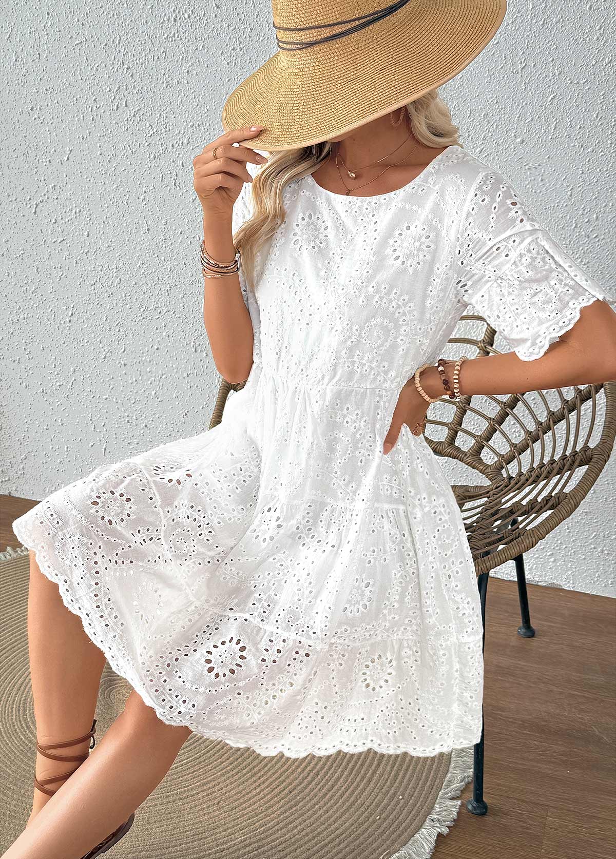 White Scalloped Hem Short Sleeve Round Neck Dress | picture 
