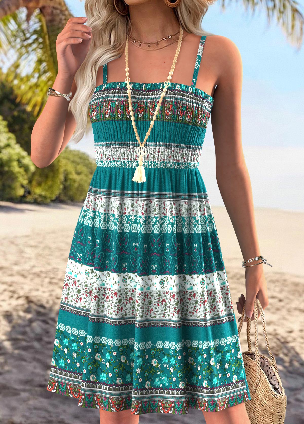 Multi Color Tribal Print Short Tummy Coverage Strappy Dress | picture 