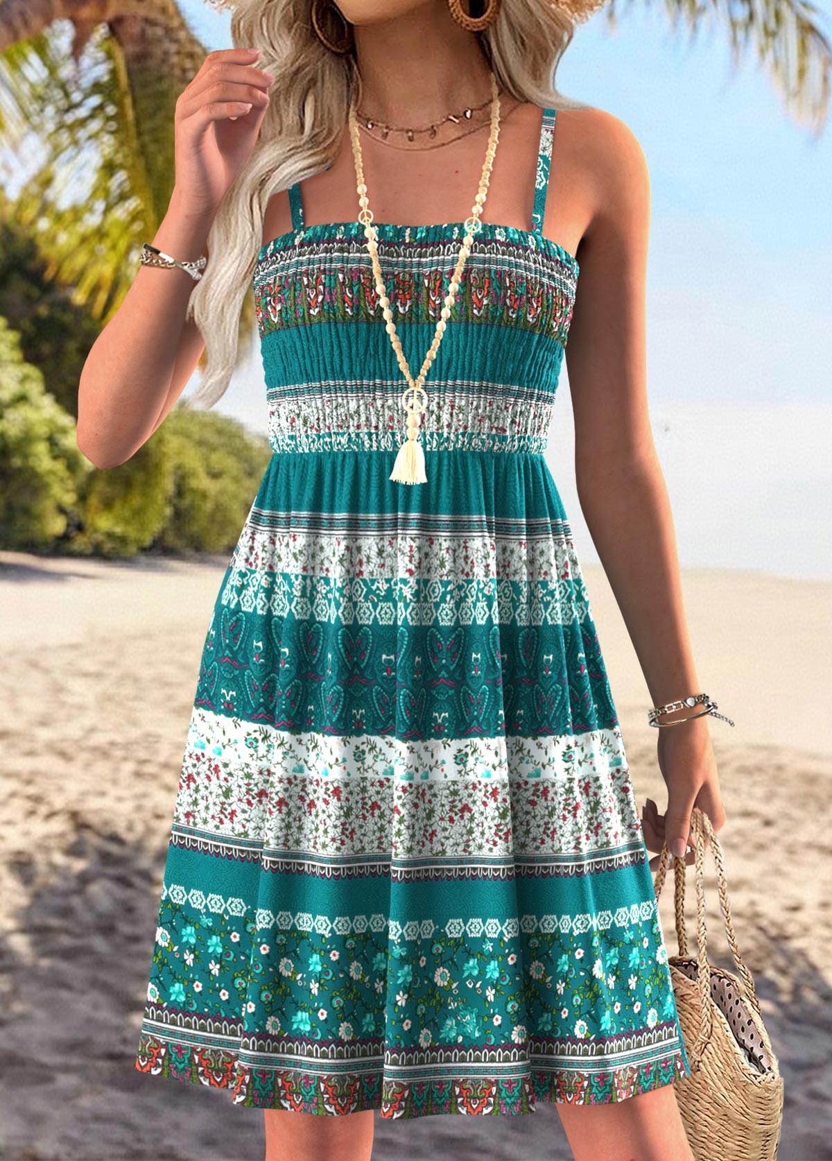 Multi Color Tribal Print Short Tummy Coverage Strappy Dress | picture 