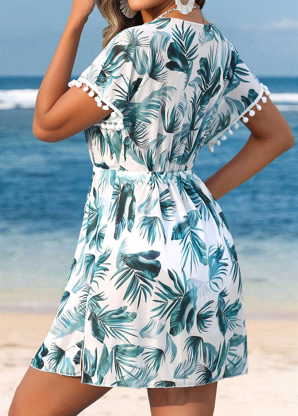 Tummy Coverage Tropical Plants Print Turquoise Cover Up | picture 