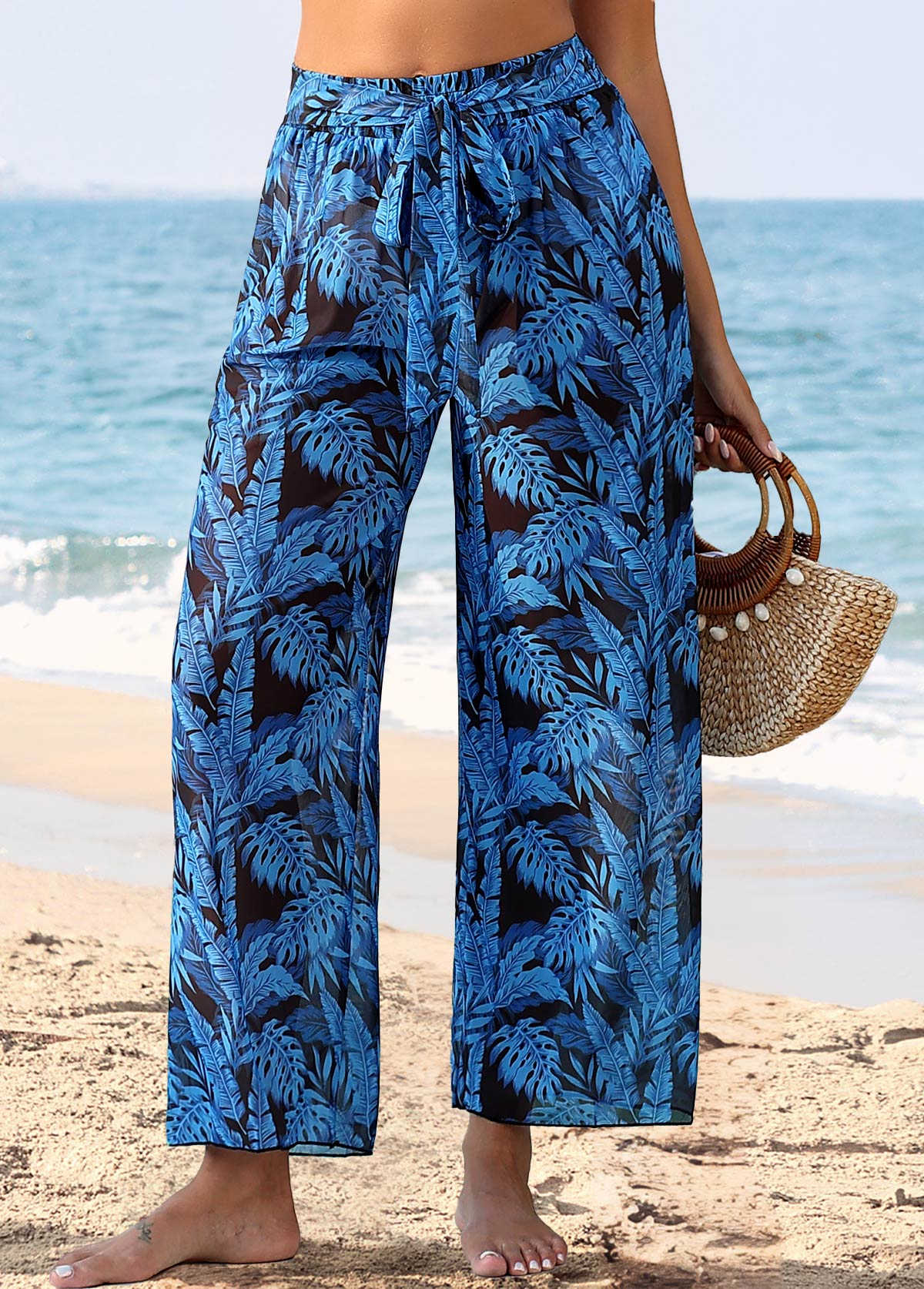 Leaf Print Tie Dark Blue Pants | picture 