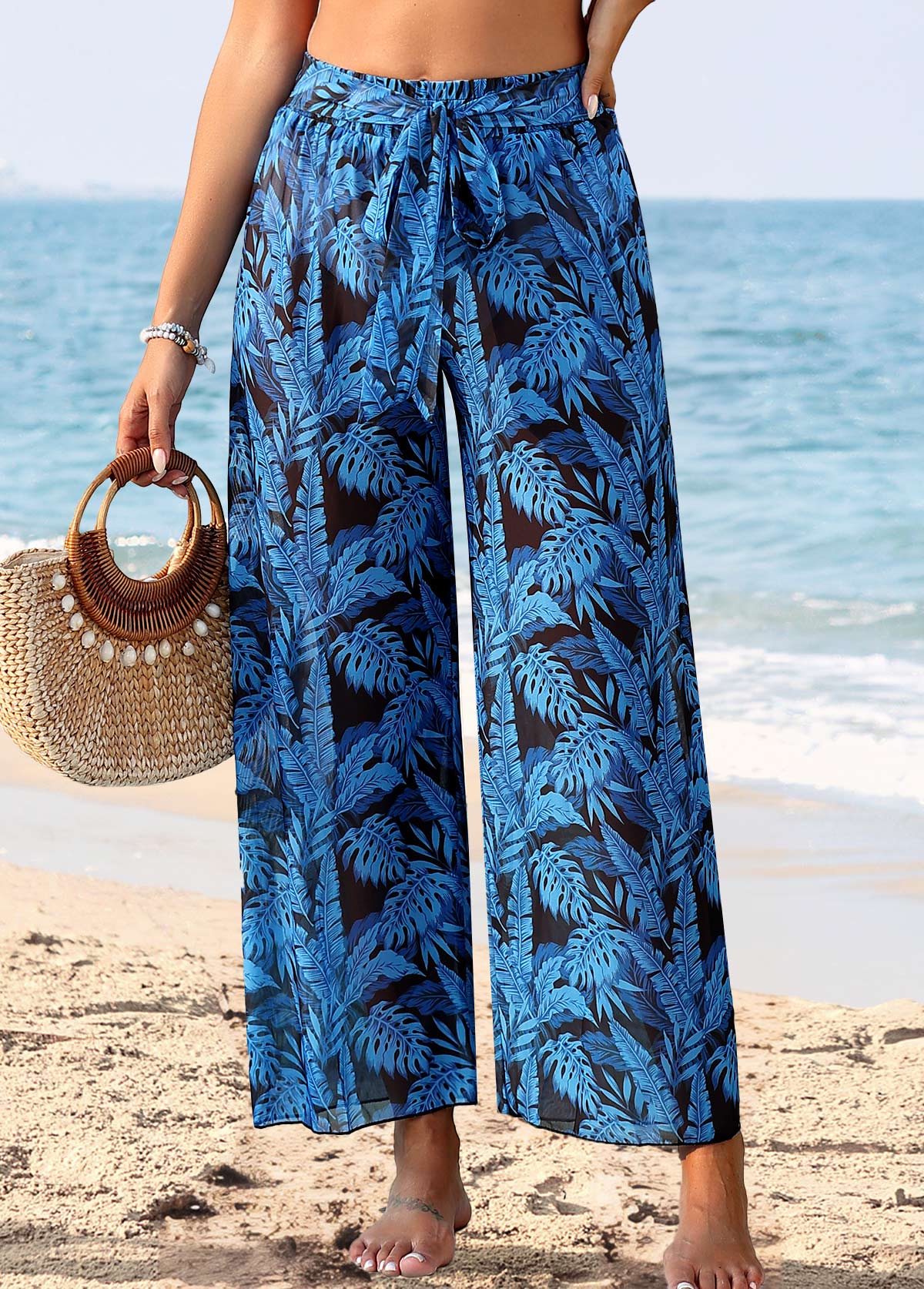 Leaf Print Tie Dark Blue Pants | picture 