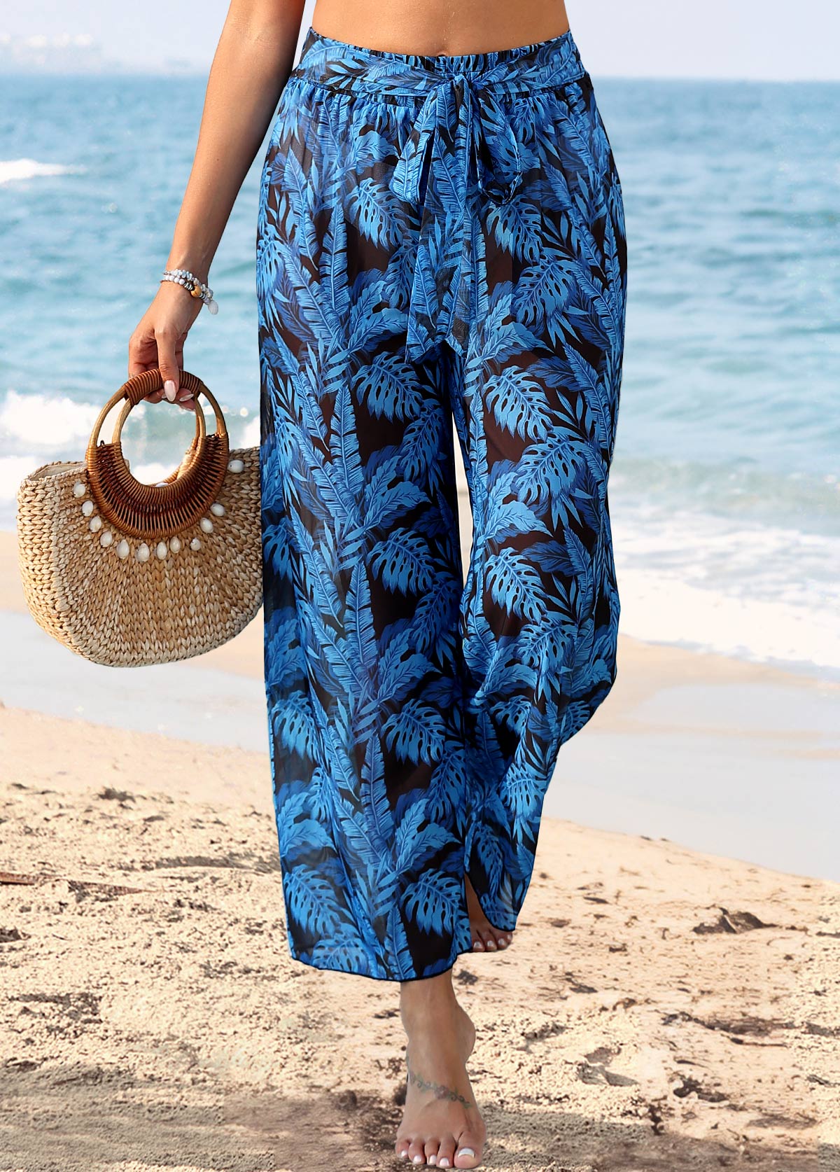 Leaf Print Tie Dark Blue Pants | picture 