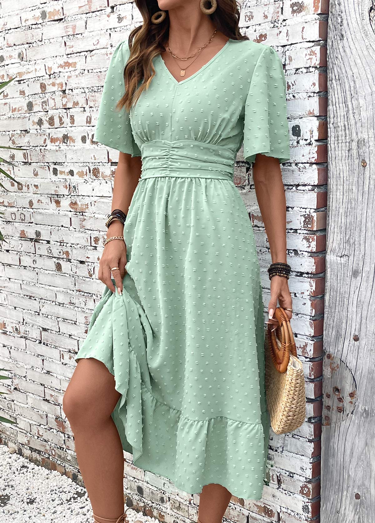 Light Green Patchwork Short Sleeve V Neck Dress | picture 