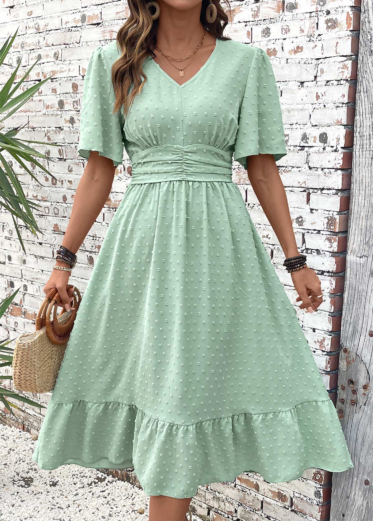 Light Green Patchwork Short Sleeve V Neck Dress | picture 