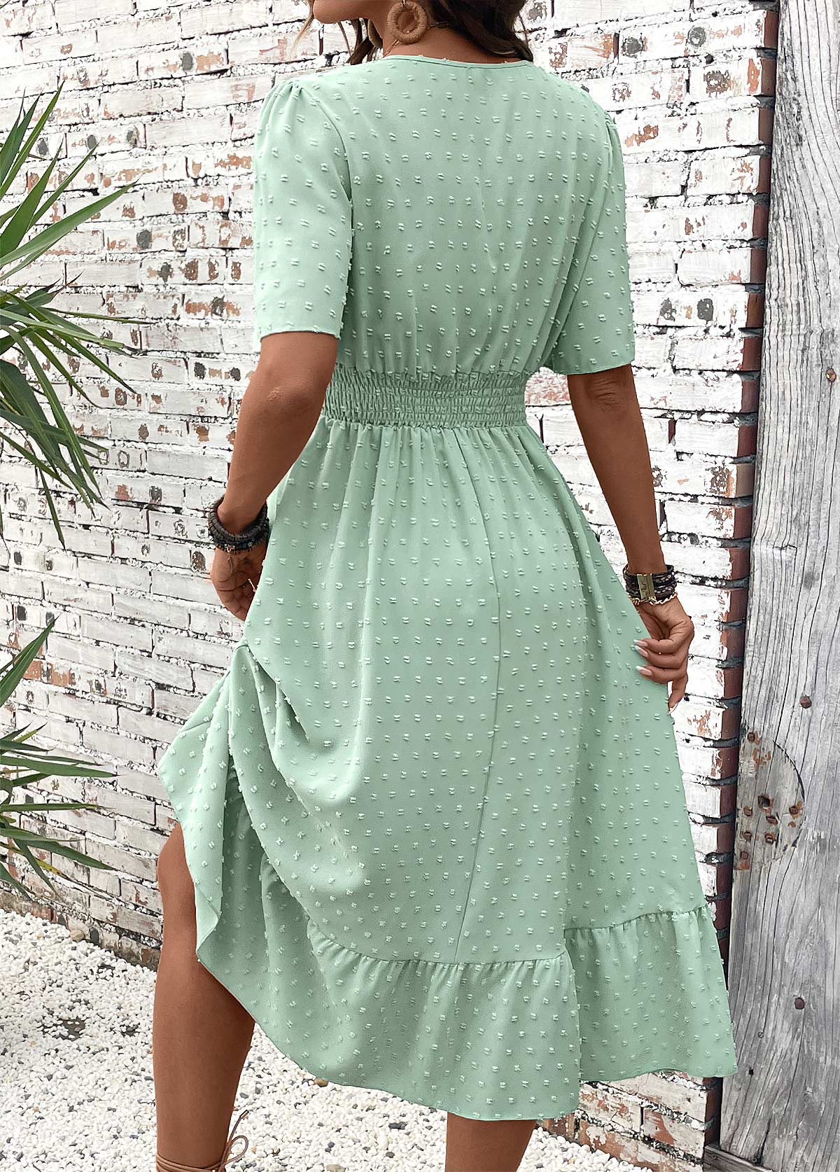 Light Green Patchwork Short Sleeve V Neck Dress | picture 