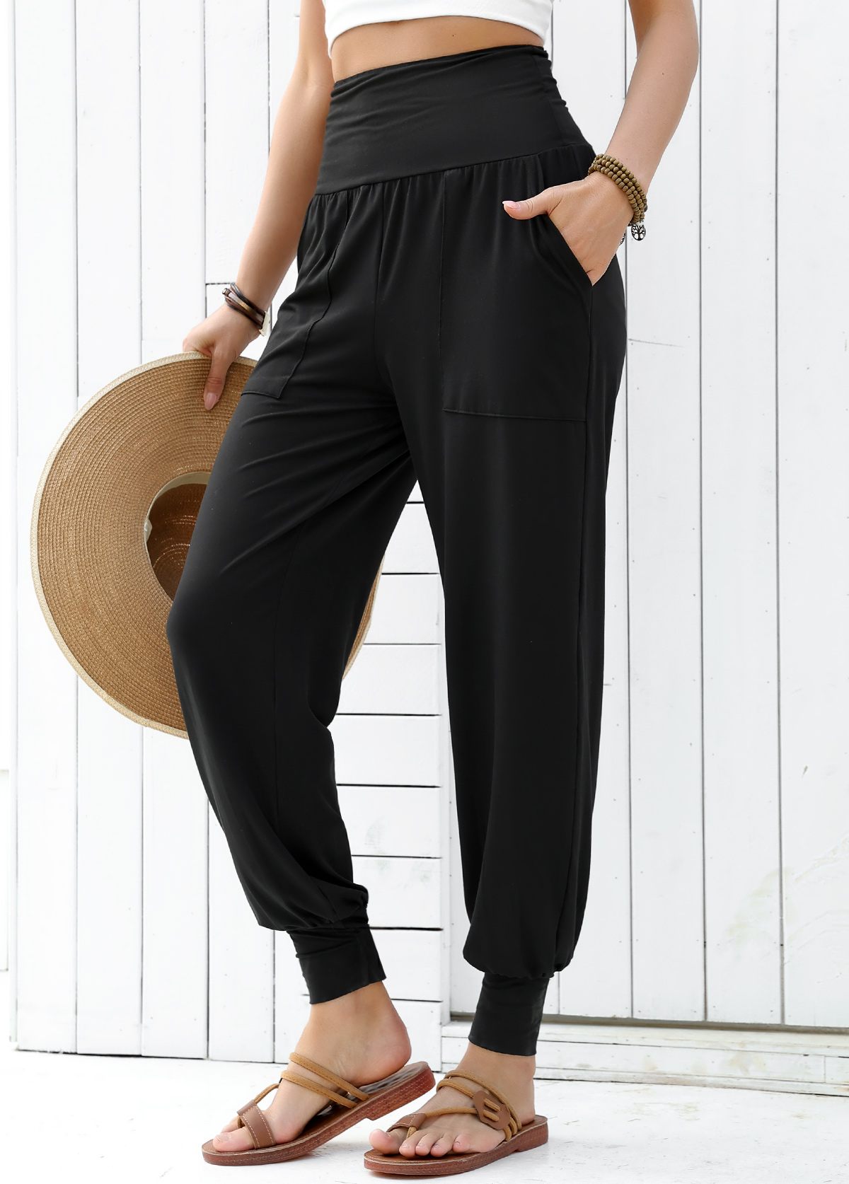 Black Soft Jogger Elastic Waist High Waisted Pants | picture 