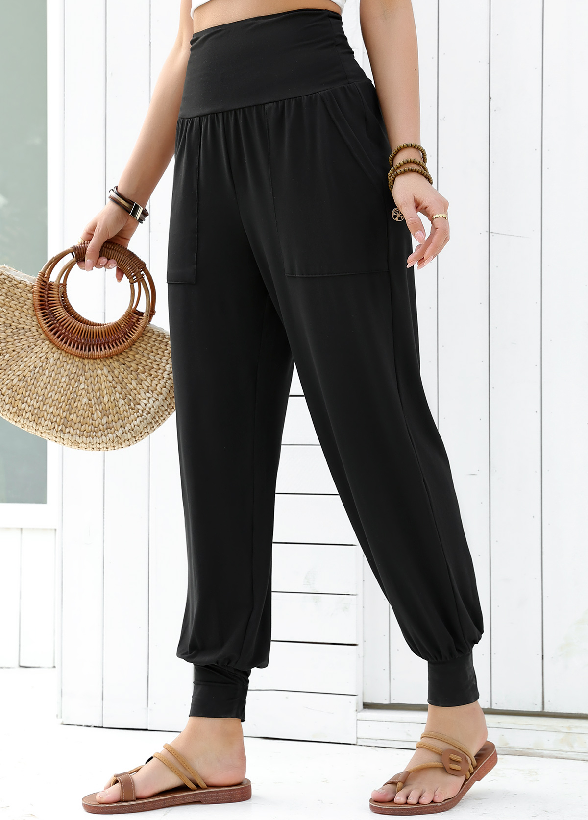 Black Soft Jogger Elastic Waist High Waisted Pants | picture 