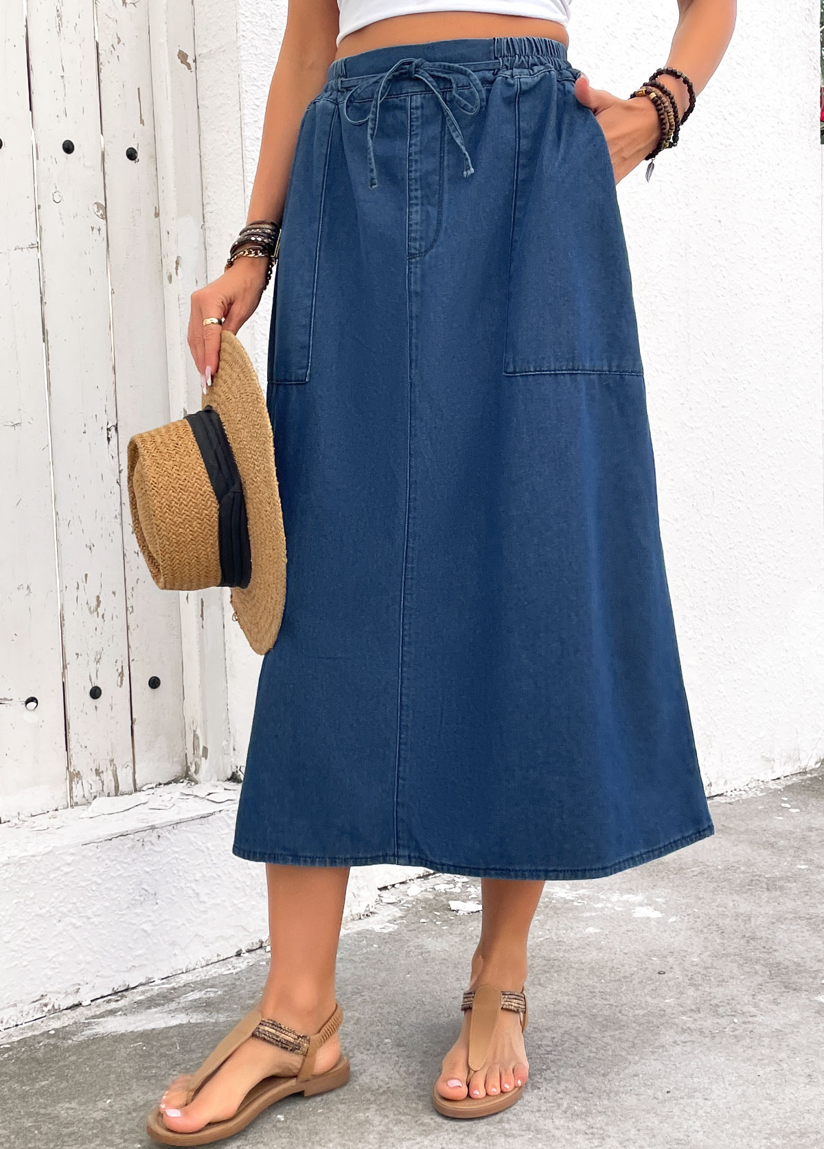 Denim Blue Pocket Shift Dress Elastic Waist Skirt | picture 