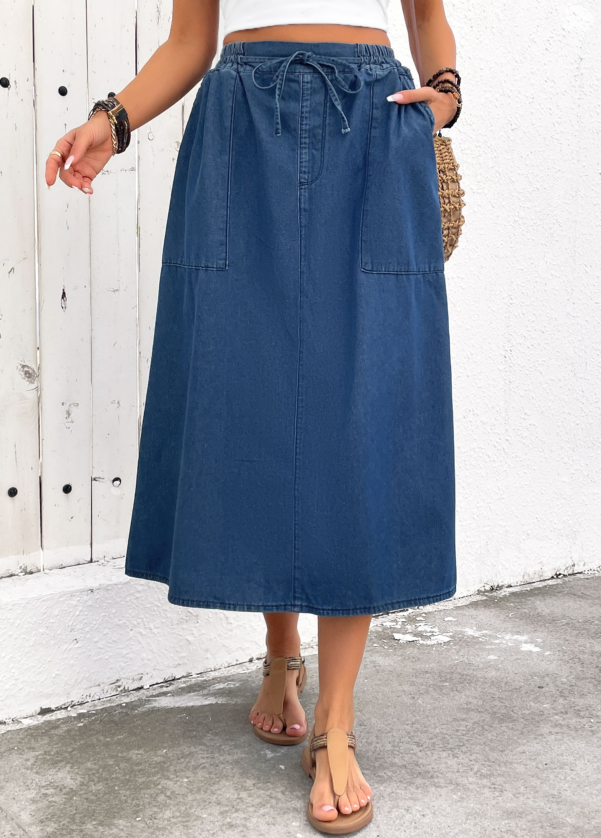 Denim Blue Pocket Shift Dress Elastic Waist Skirt | picture 