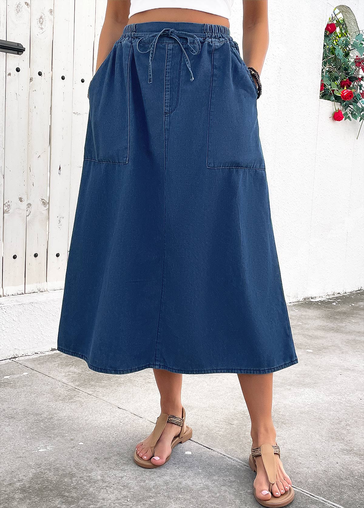 Denim Blue Pocket Shift Dress Elastic Waist Skirt | picture 