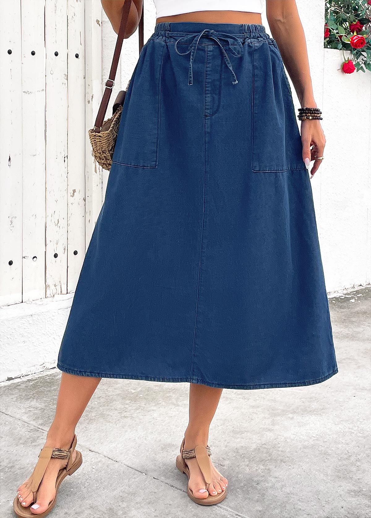 Denim Blue Pocket Shift Dress Elastic Waist Skirt | picture 