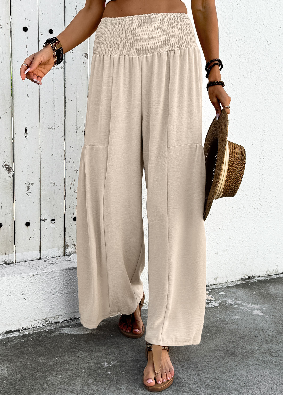 Beige Flowy Wide Leg Elastic Waist High Waisted Pants | picture 