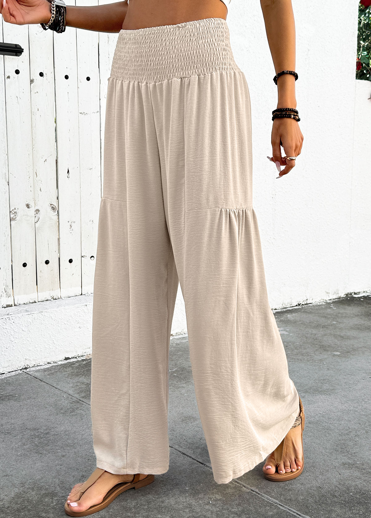 Beige Flowy Wide Leg Elastic Waist High Waisted Pants | picture 