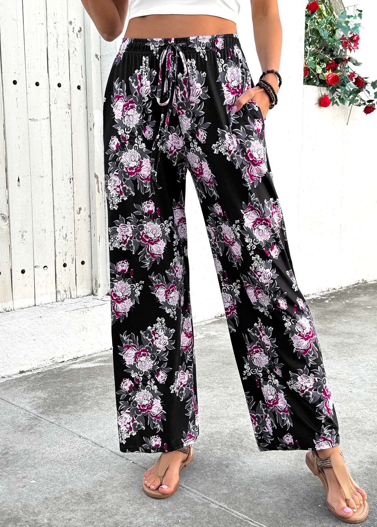Black Floral Print Wide Leg Elastic Waist Pants | picture 
