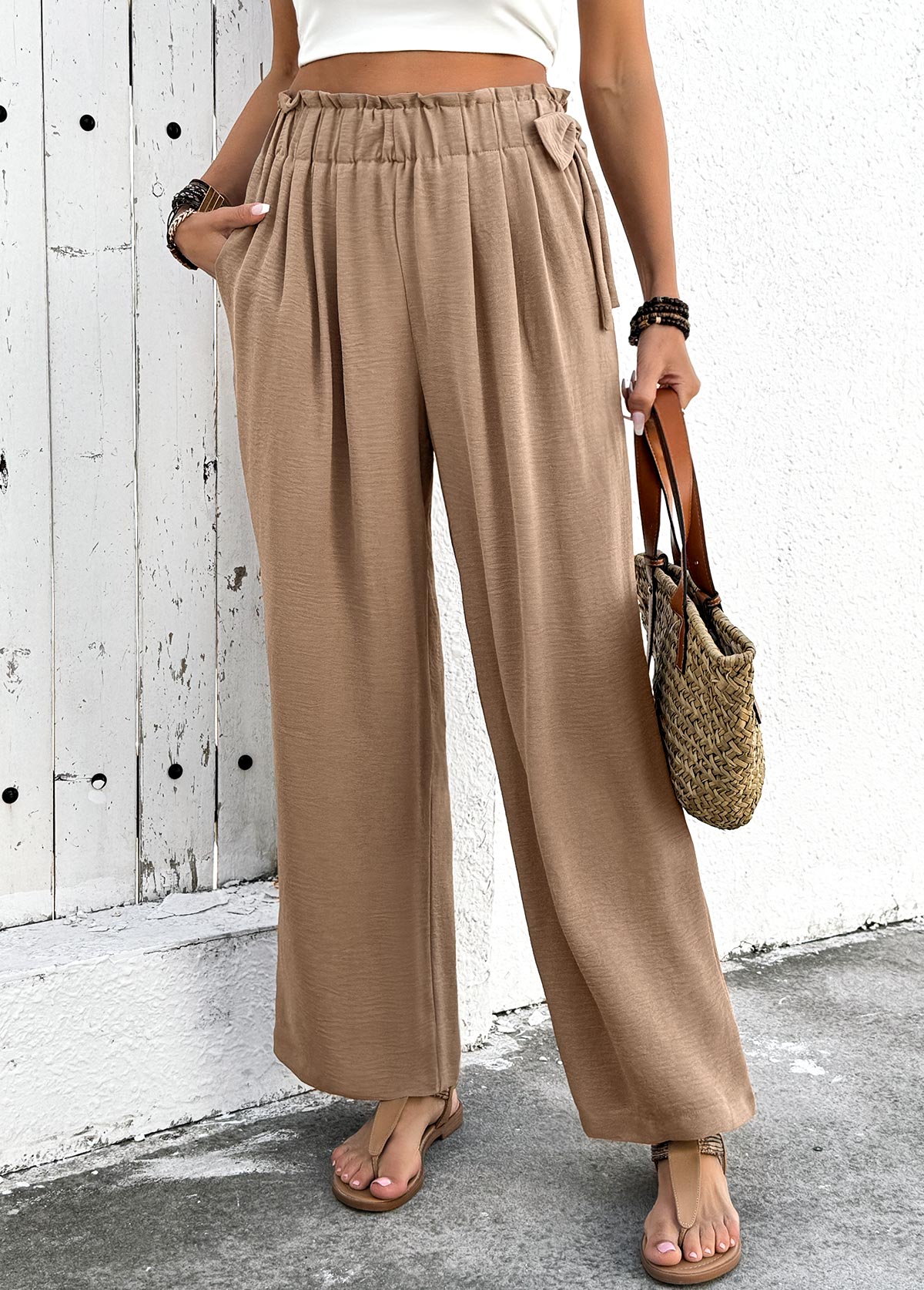 Light Camel Soft Wide Leg Elastic Waist Pants | picture 