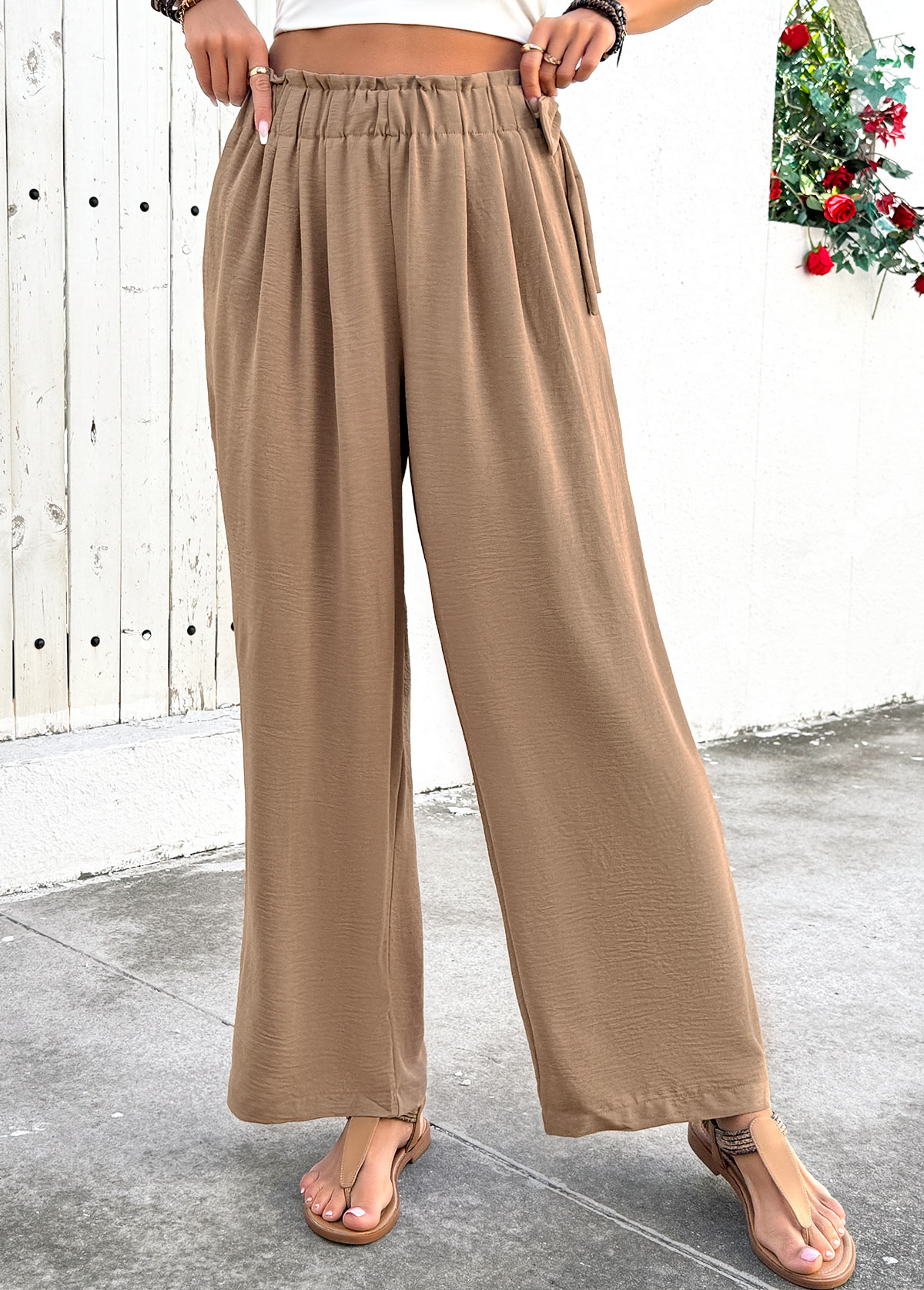 Light Camel Soft Wide Leg Elastic Waist Pants | picture 