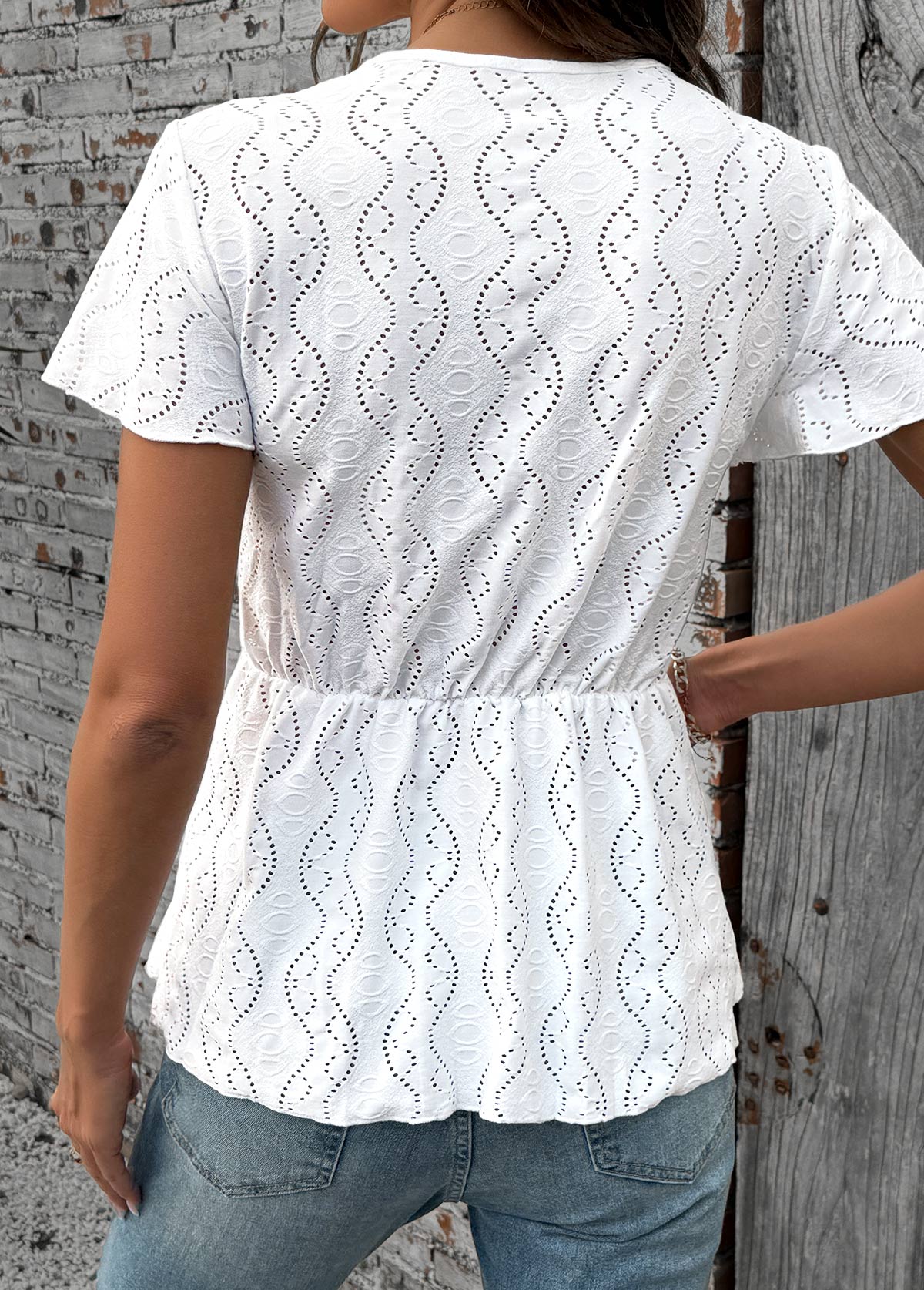 White Patchwork Short Sleeve V Neck Blouse | picture 