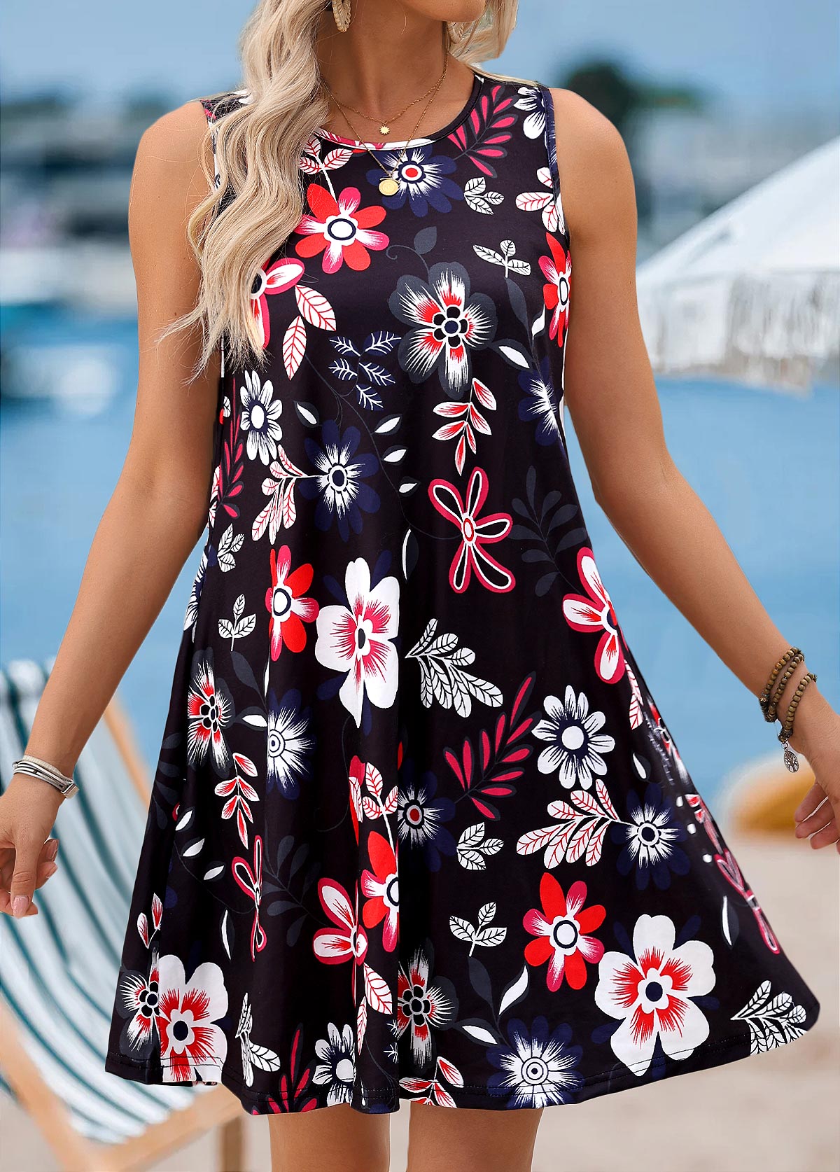 Black Floral Print Short Tummy Coverage Sleeveless Dress | picture 