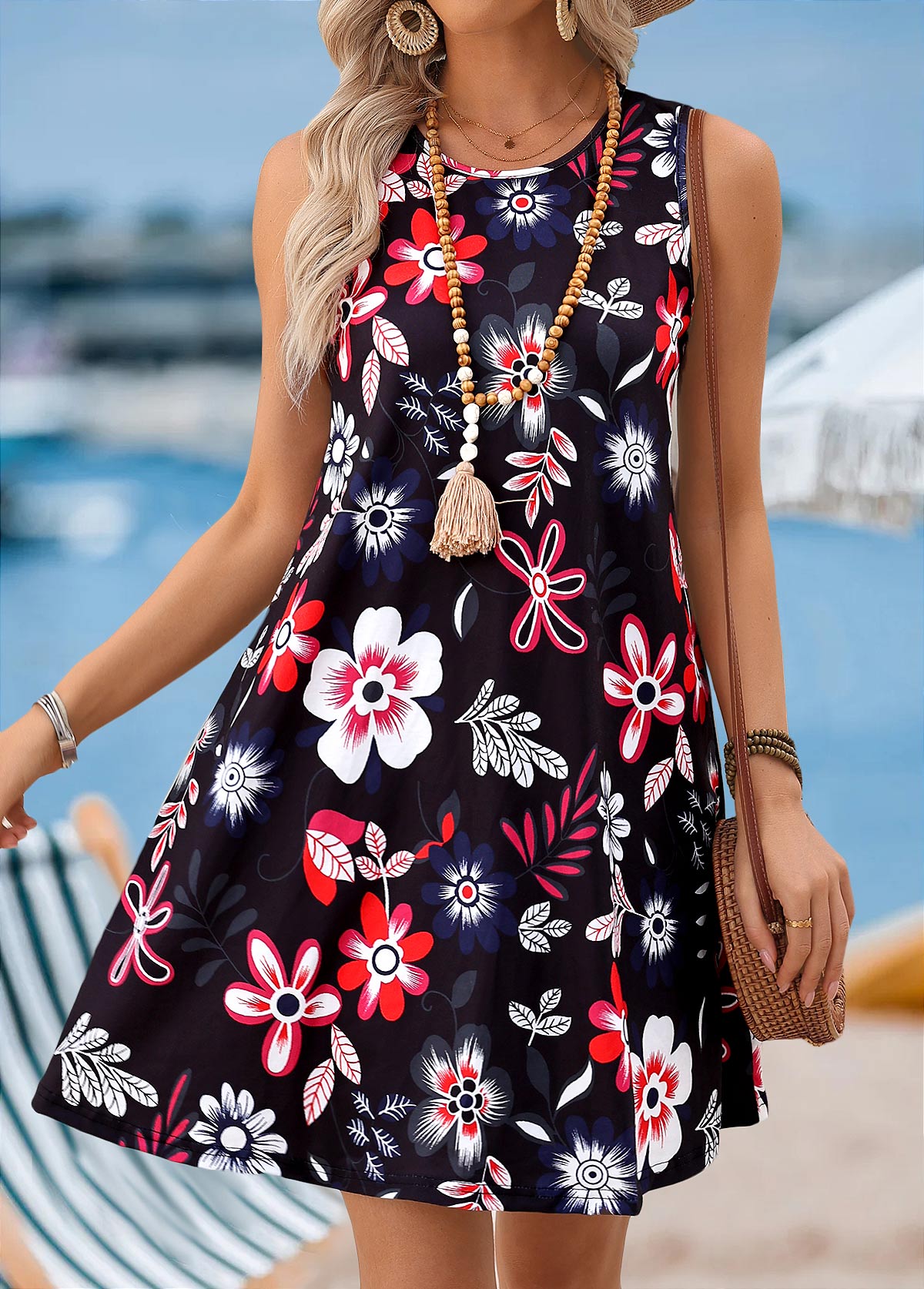 Black Floral Print Short Tummy Coverage Sleeveless Dress | picture 