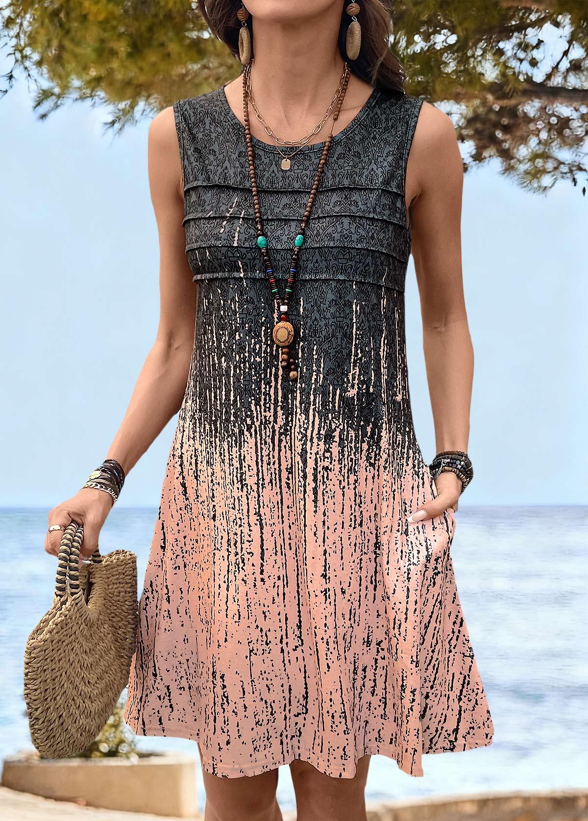 Multi Color Tummy Coverage Sleeveless Round Neck Dress | picture 