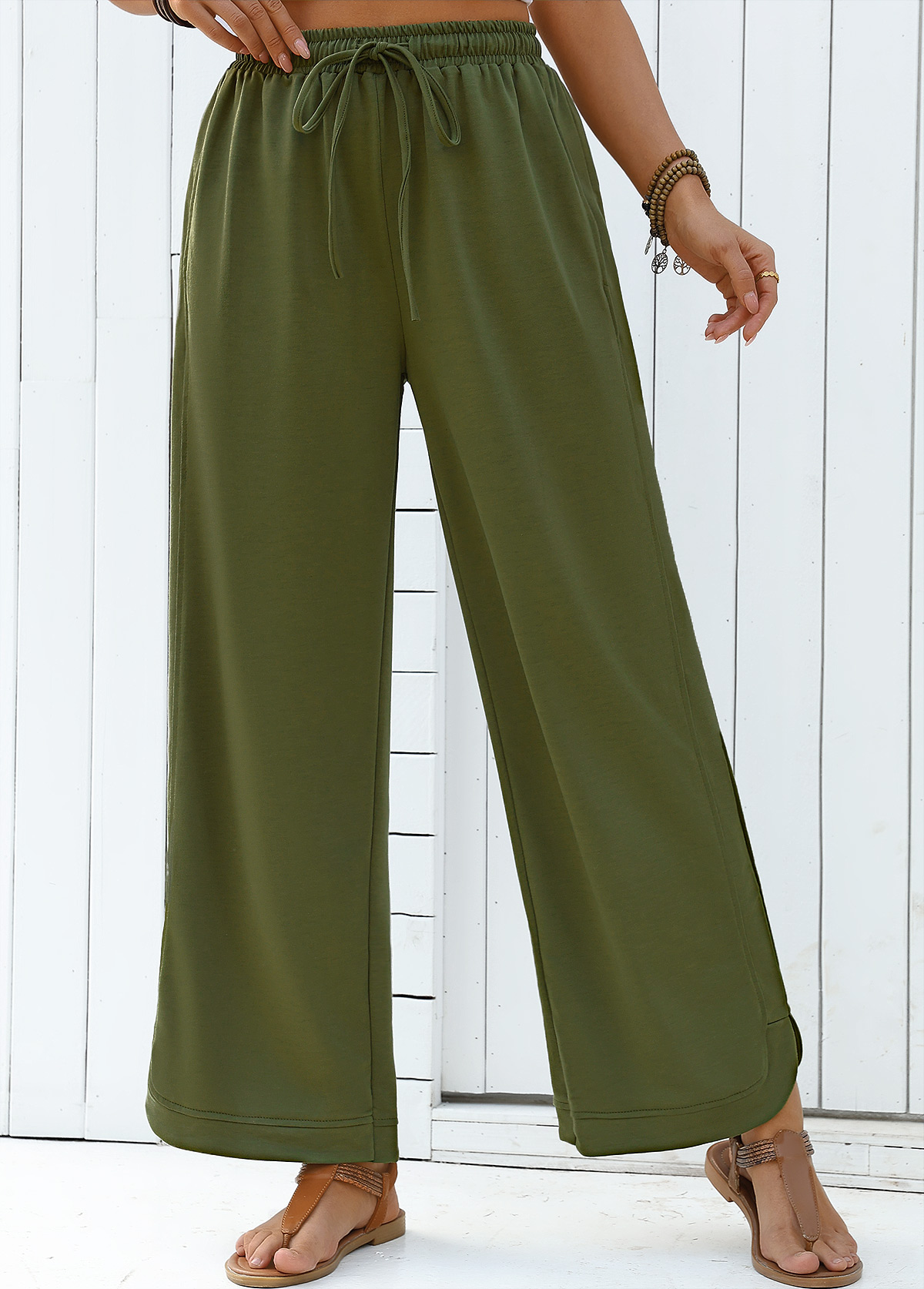 Olive Green Wide Leg Elastic Waist High Waisted Pants | picture 