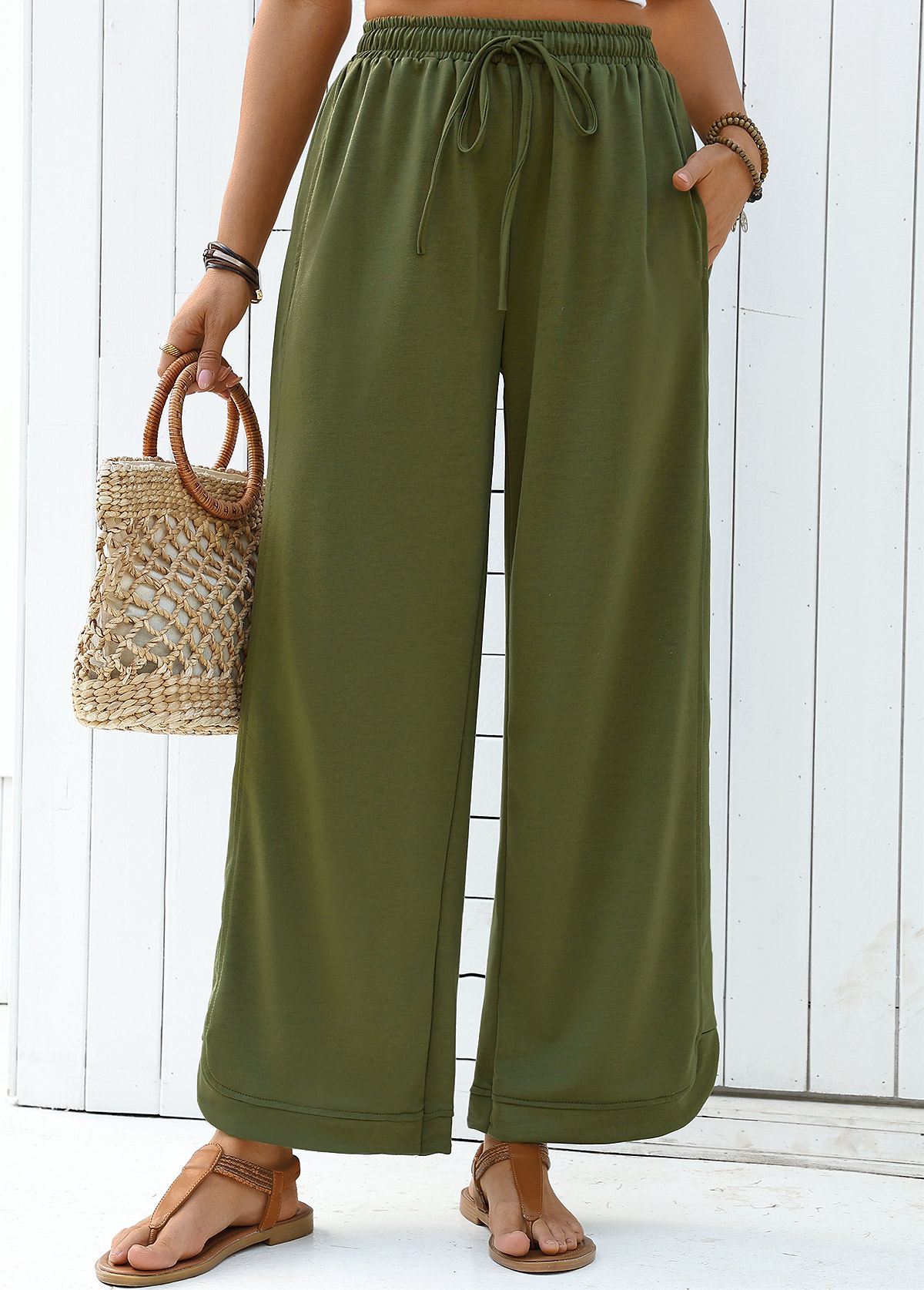 Olive Green Wide Leg Elastic Waist High Waisted Pants | picture 