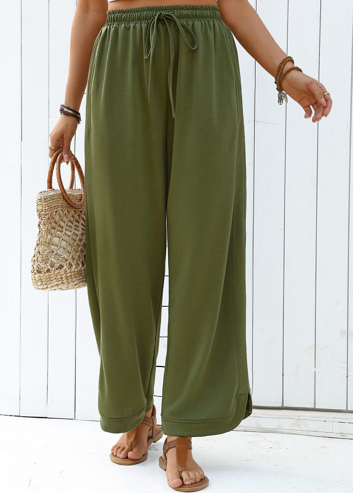 Olive Green Wide Leg Elastic Waist High Waisted Pants | picture 