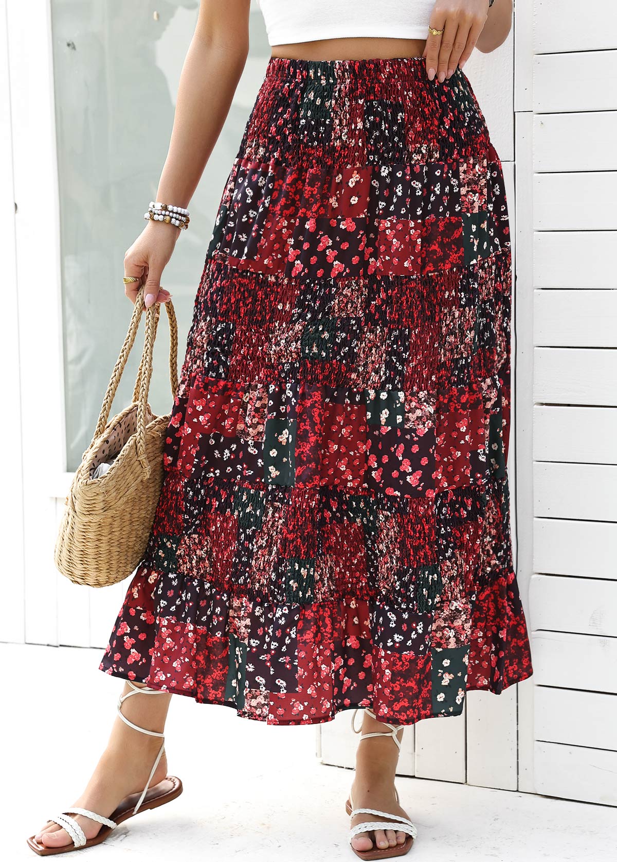 Wine Red Ditsy Floral Print A Line Skirt | picture 