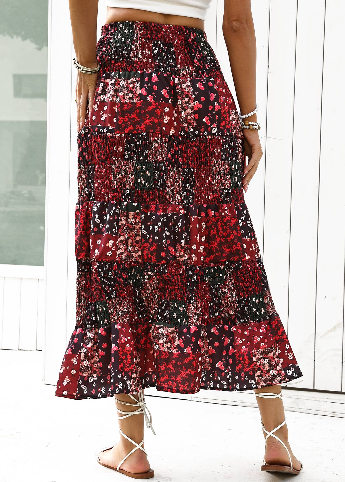 Wine Red Ditsy Floral Print A Line Skirt | picture 