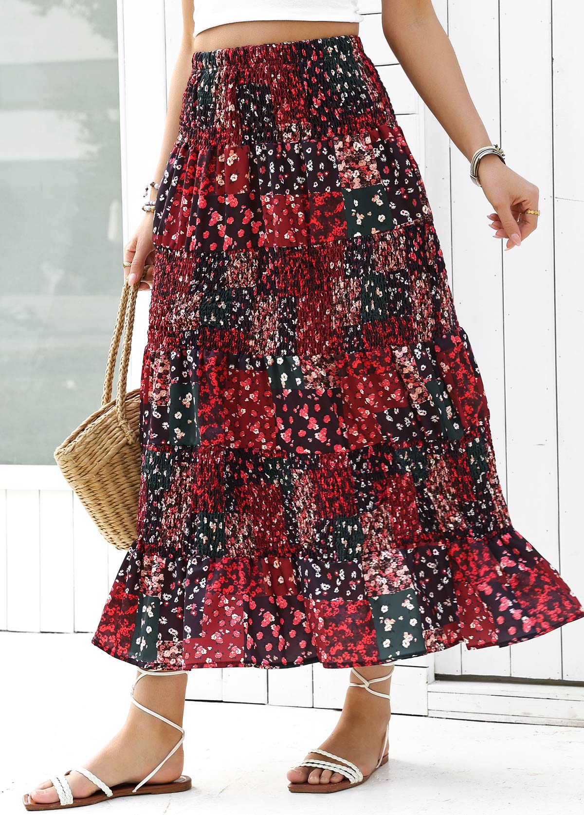 Wine Red Ditsy Floral Print A Line Skirt | picture 