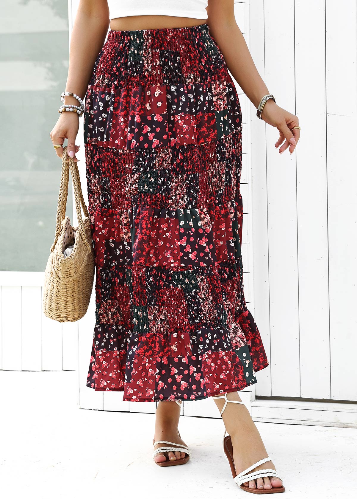 Wine Red Ditsy Floral Print A Line Skirt | picture 