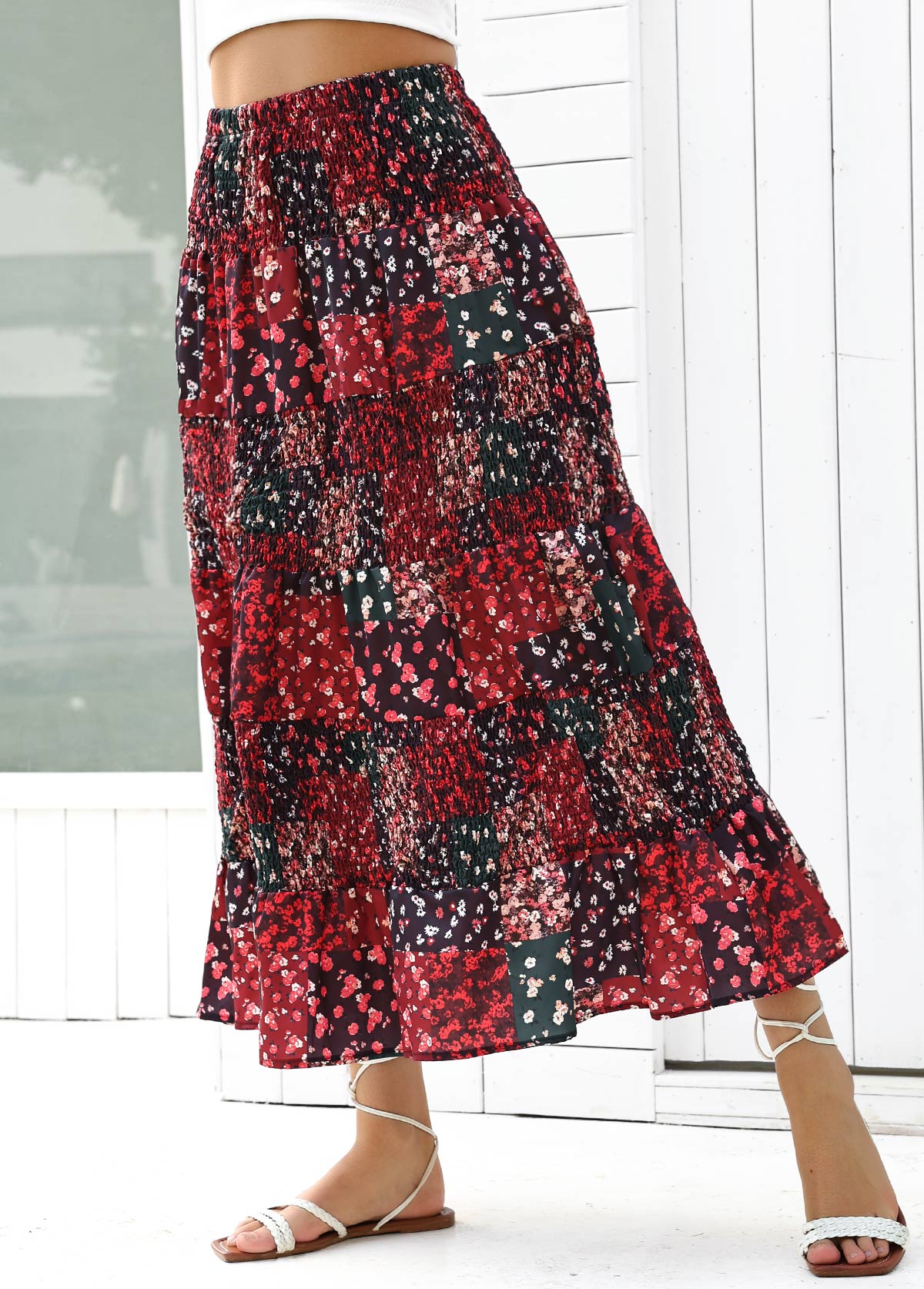 Wine Red Ditsy Floral Print A Line Skirt | picture 