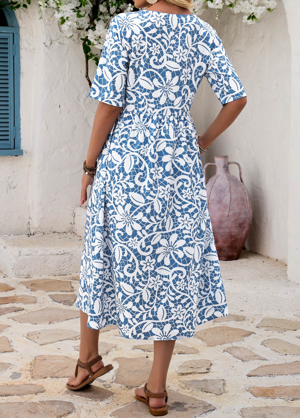 Blue Floral Print Shirred A Line Sleeveless Dress | picture 