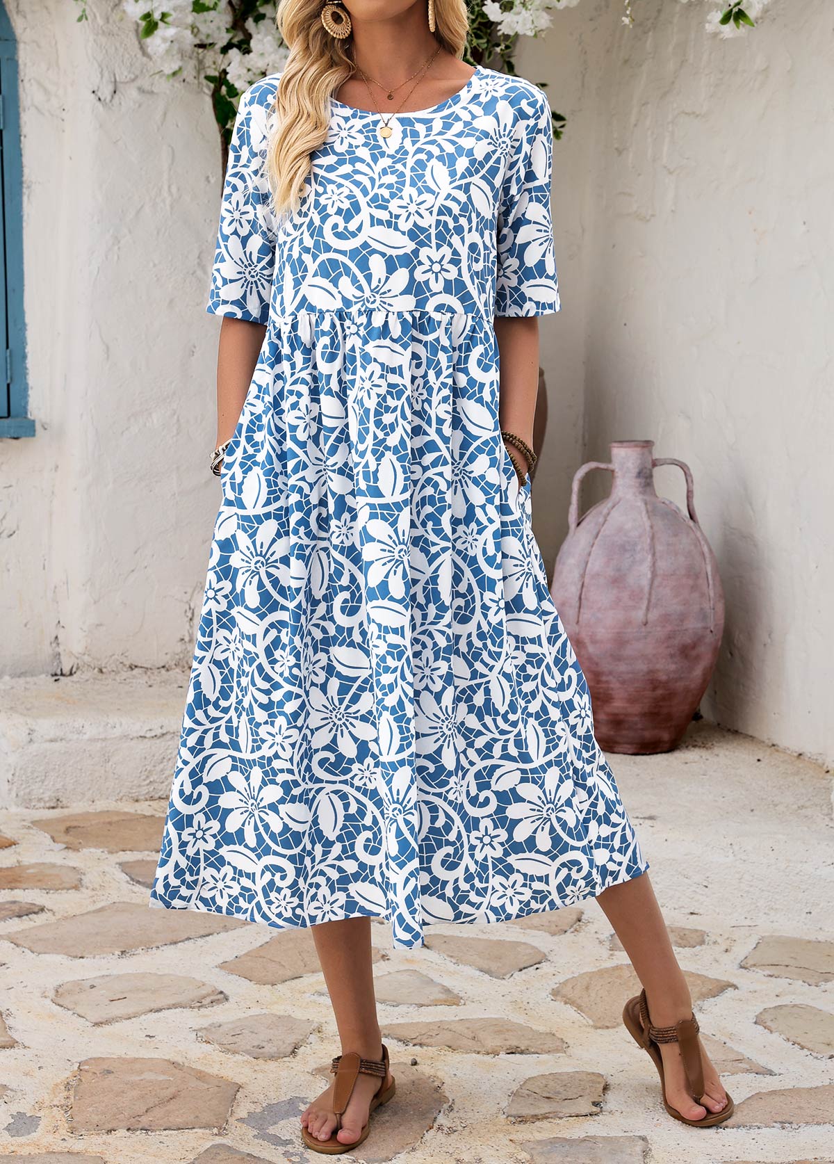 Blue Floral Print Shirred A Line Sleeveless Dress | picture 