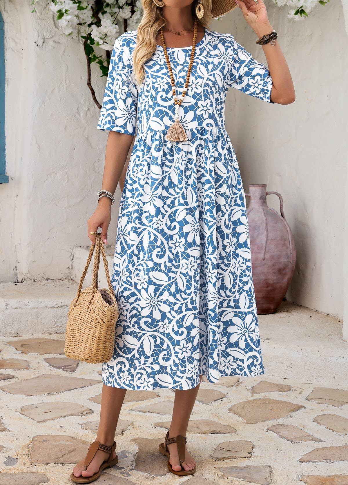 Blue Floral Print Shirred A Line Sleeveless Dress | picture 