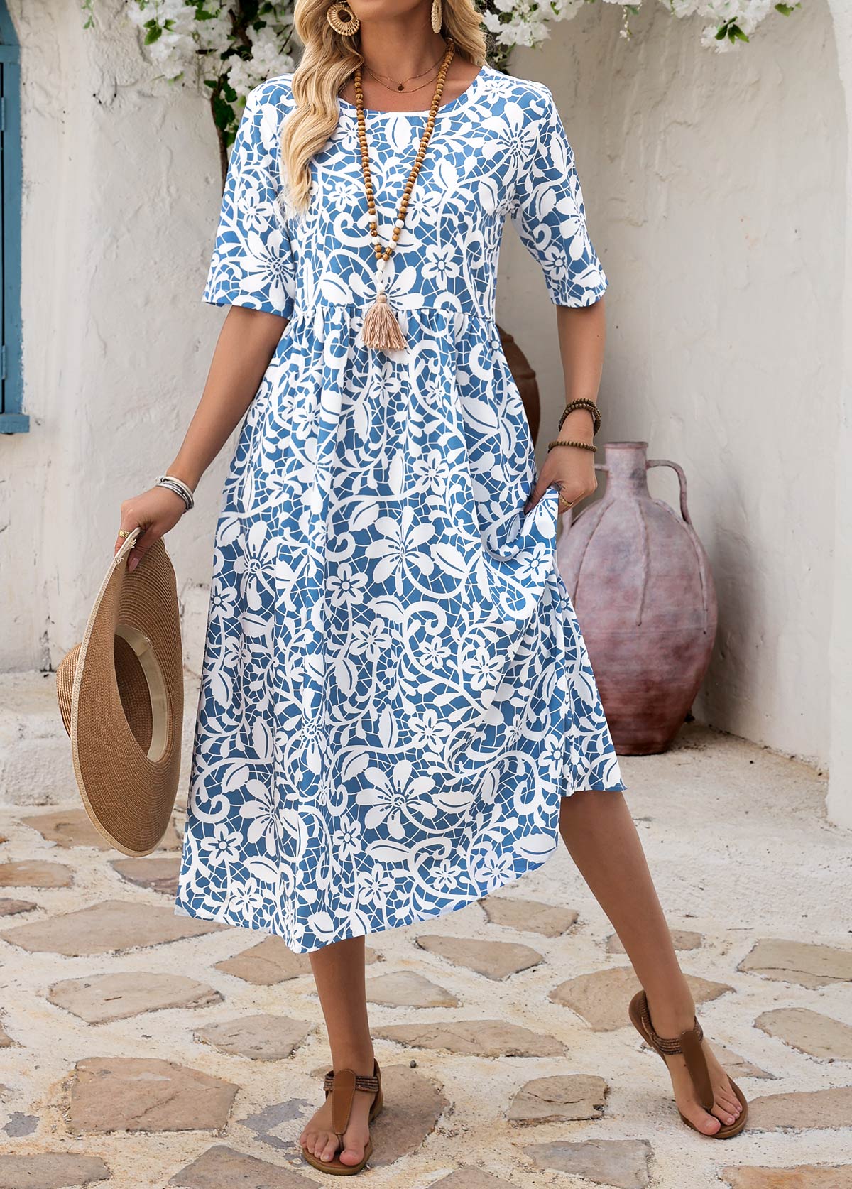 Blue Floral Print Shirred A Line Sleeveless Dress | picture 