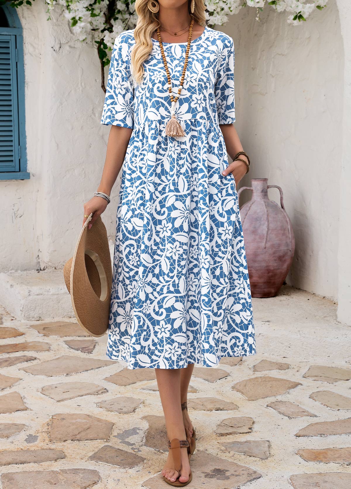 Blue Floral Print Shirred A Line Sleeveless Dress | picture 