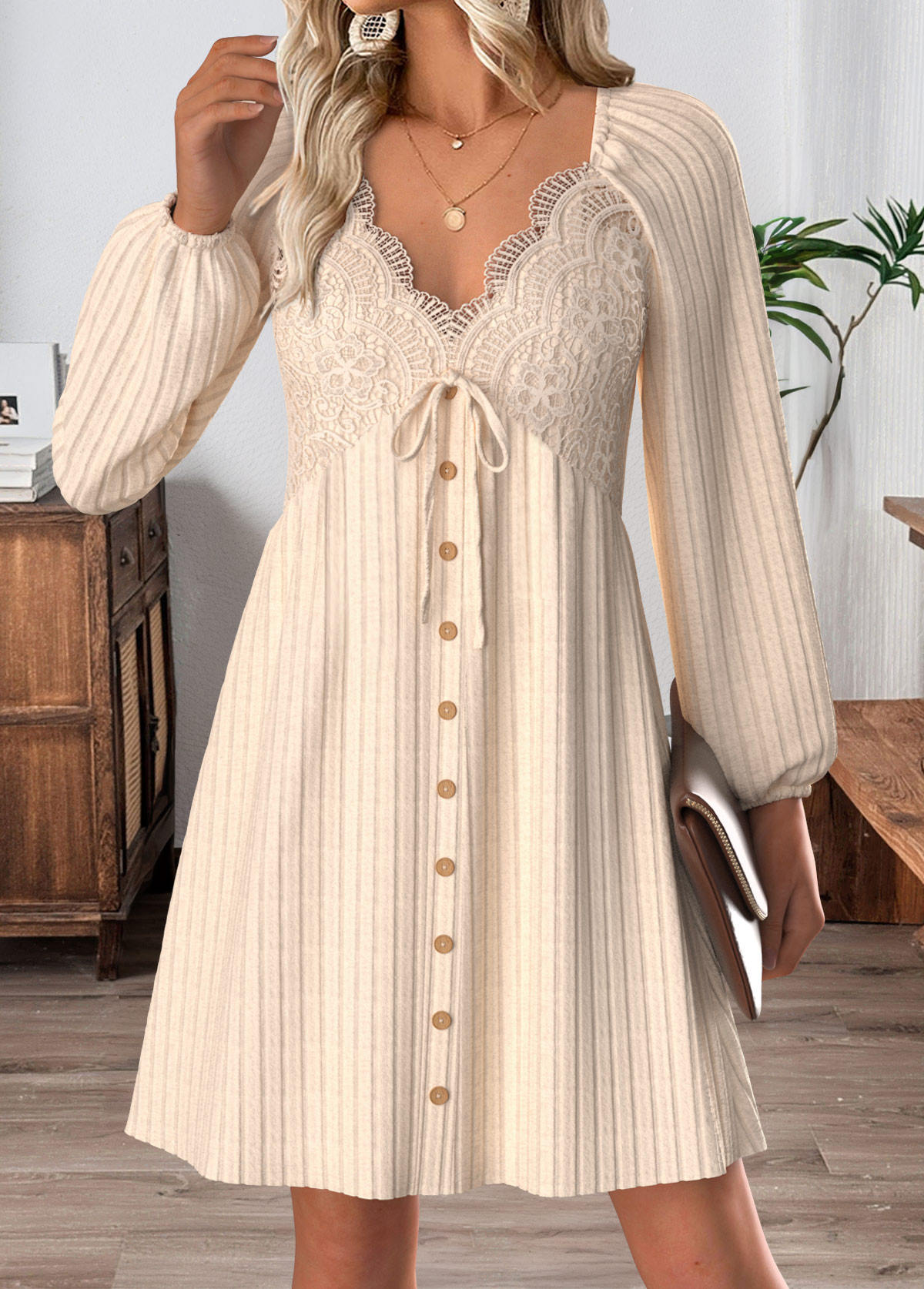 Beige Tummy Coverage Short Long Sleeve V Neck Dress | picture 