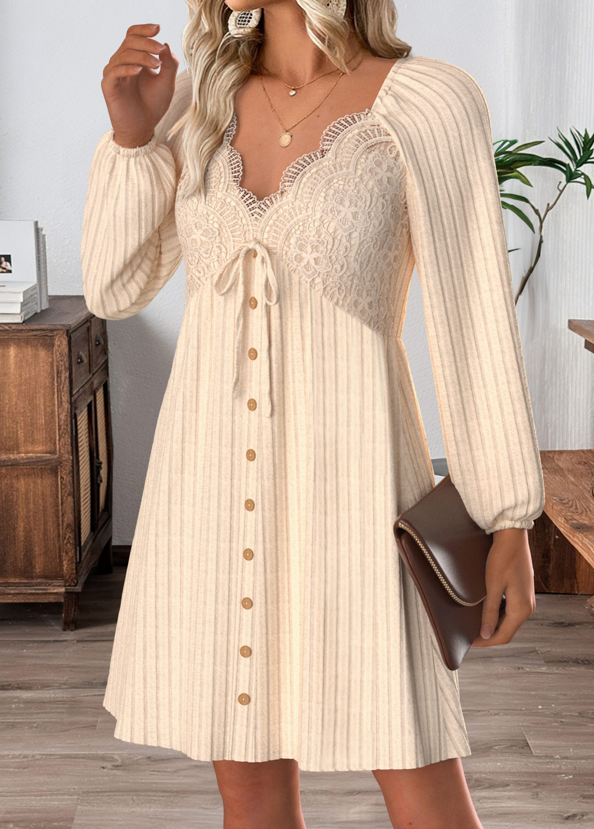 Beige Tummy Coverage Short Long Sleeve V Neck Dress | picture 