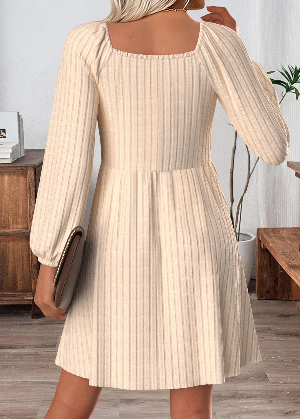 Beige Tummy Coverage Short Long Sleeve V Neck Dress | picture 