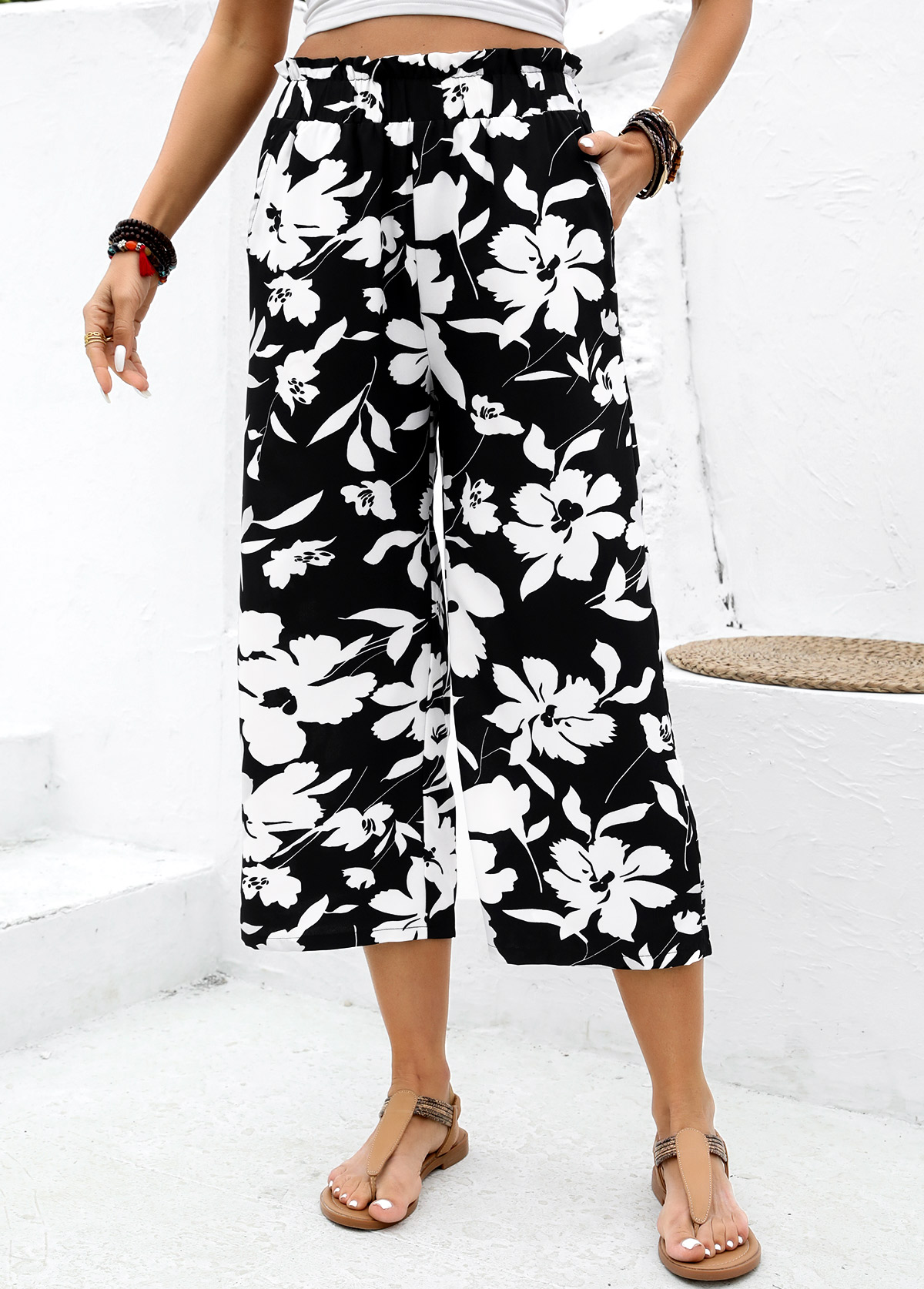 Black Soft Floral Print Wide Leg Elastic Waist Pants | picture 