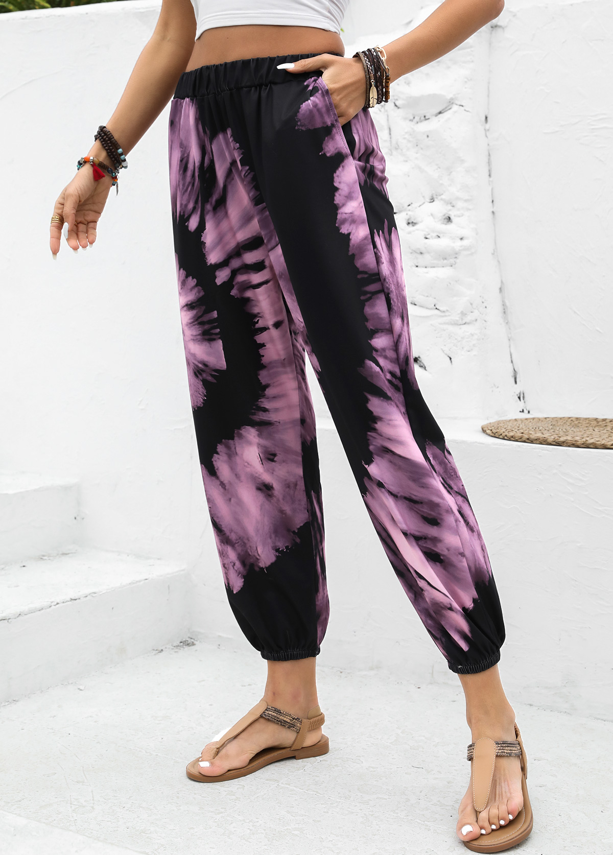 Neon Pink Ombre Jogger Elastic Waist High Waisted Pants | picture 