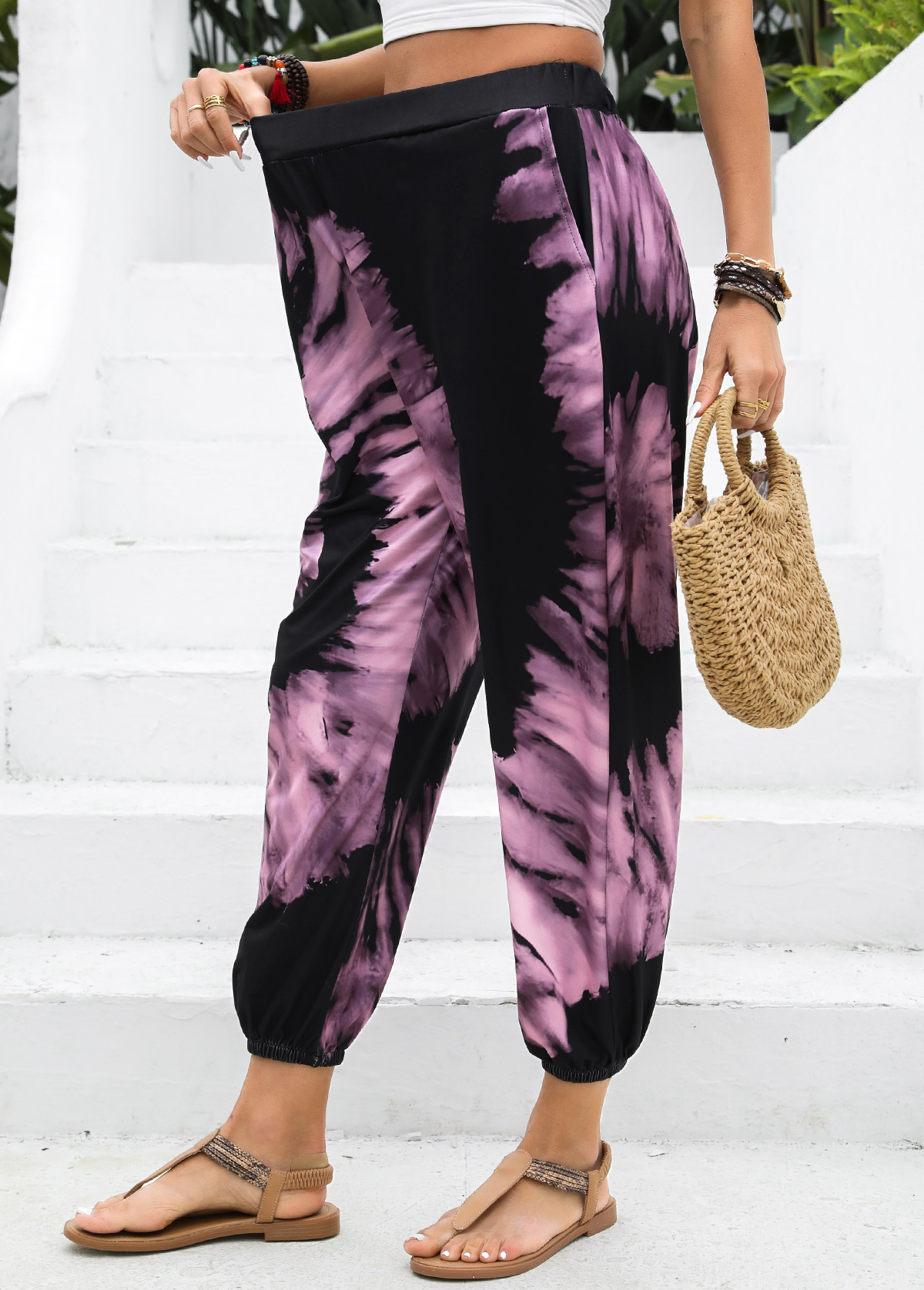 Neon Pink Ombre Jogger Elastic Waist High Waisted Pants | picture 